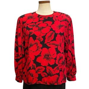 Vintage Jones New York Red And Black Floral Blouse Sz 12P